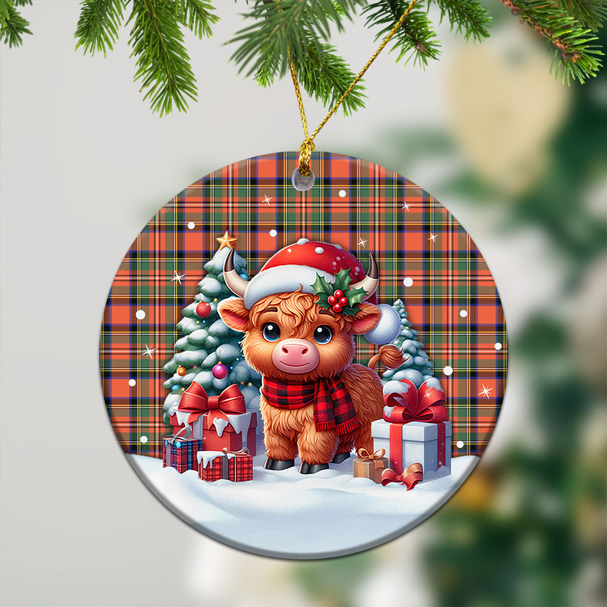 Stewart Royal Ancient Tartan Christmas Ceramic Ornament - Highland Cow Winter Style