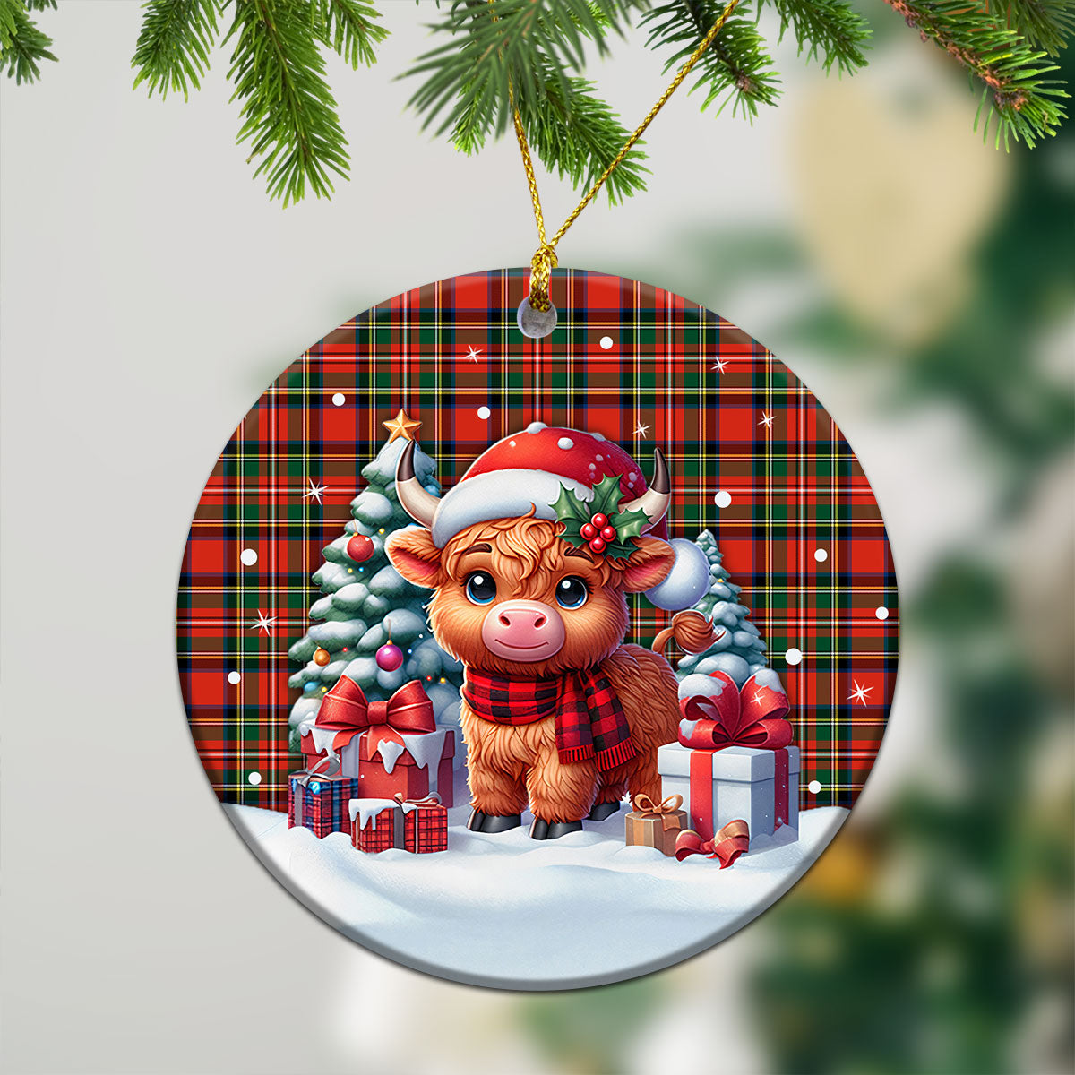 Stewart Royal Modern Tartan Christmas Ceramic Ornament - Highland Cow Winter Style