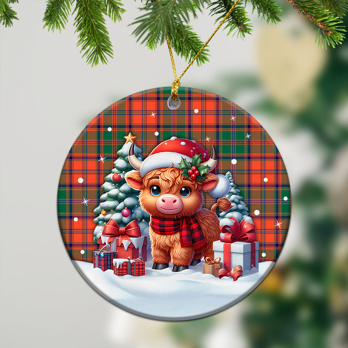 Stewart of Appin Ancient Tartan Christmas Ceramic Ornament - Highland Cow Winter Style