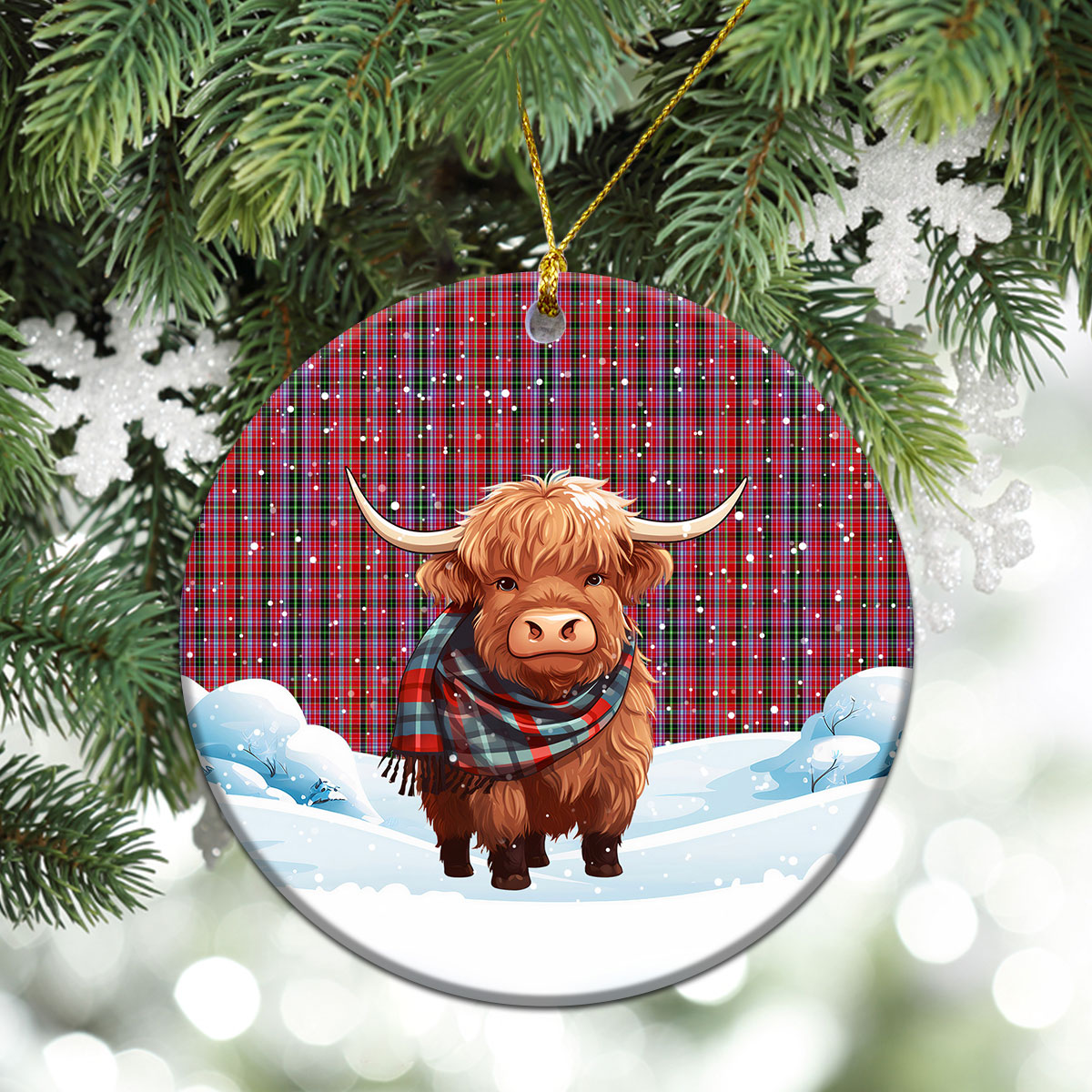 Straiton Tartan Christmas Ceramic Ornament - Highland Cows Snow Style