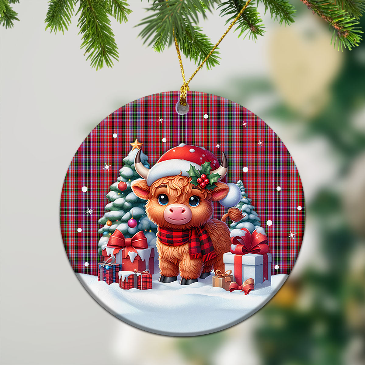 Udny Tartan Christmas Ceramic Ornament - Highland Cow Winter Style