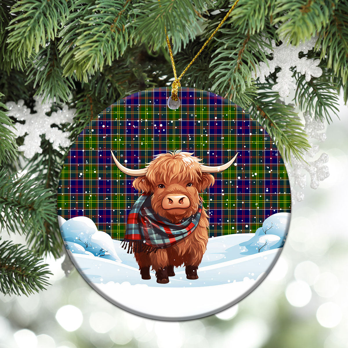 Whitelaw Tartan Christmas Ceramic Ornament - Highland Cows Snow Style