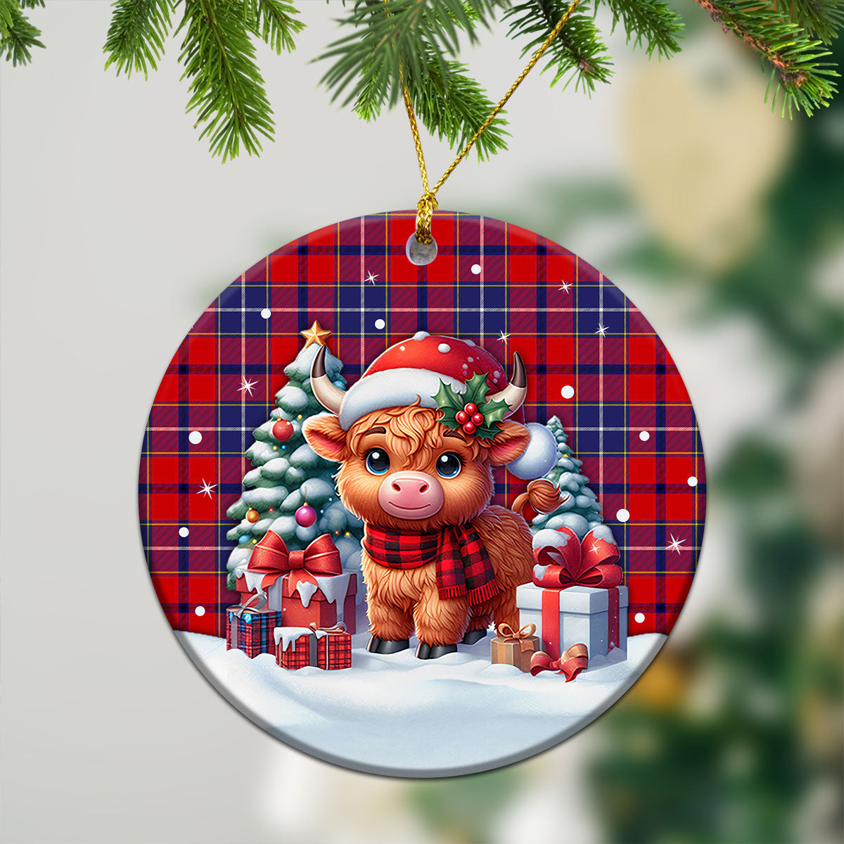 Wishart Dress Tartan Christmas Ceramic Ornament - Highland Cow Winter Style