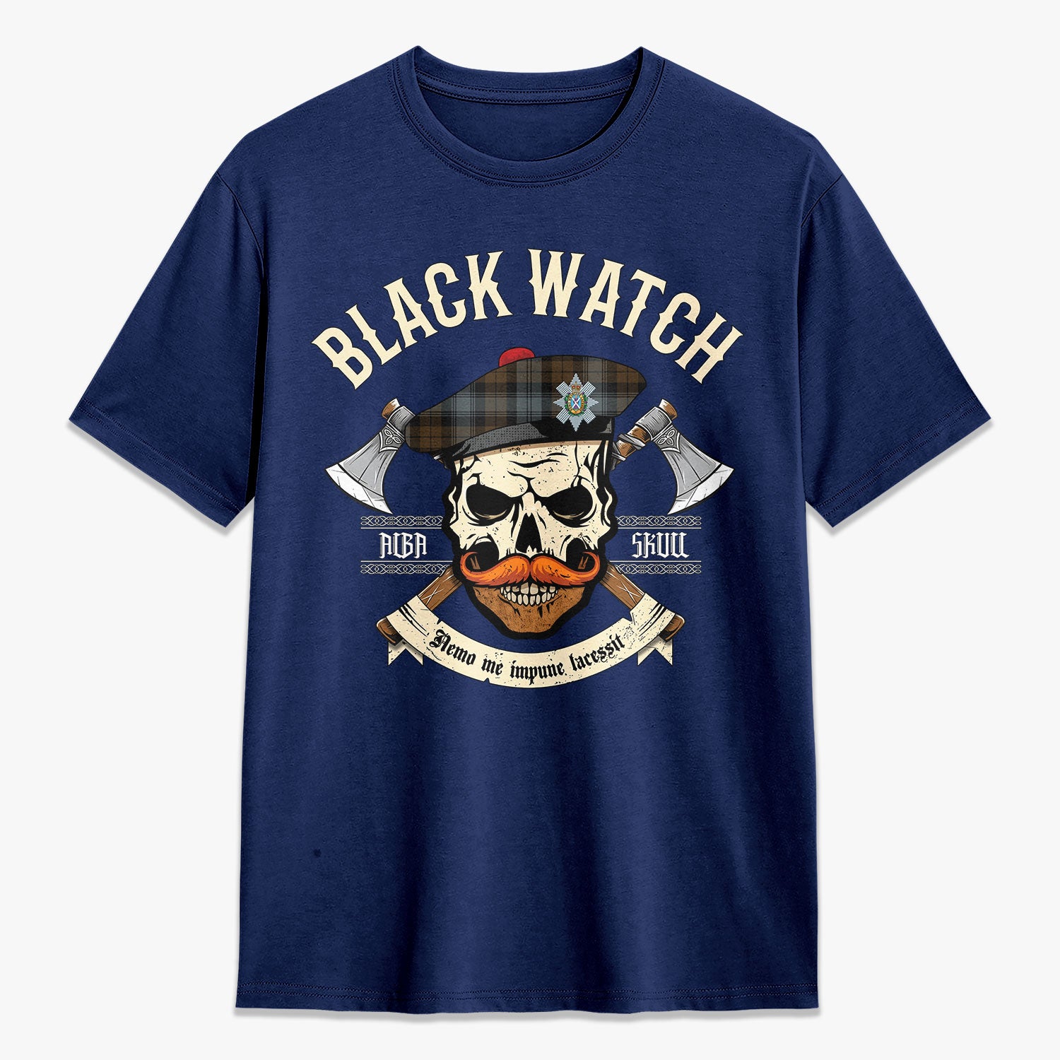 Black Watch Weathered Tartan Crest 2D T-shirt - Alba Skull Style