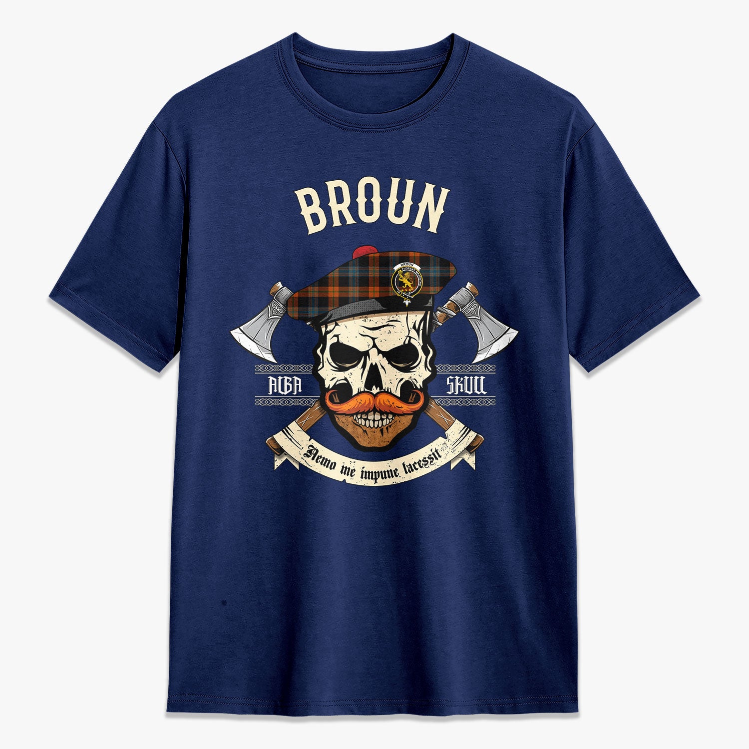 Broun Ancient Tartan Crest 2D T-shirt - Alba Skull Style