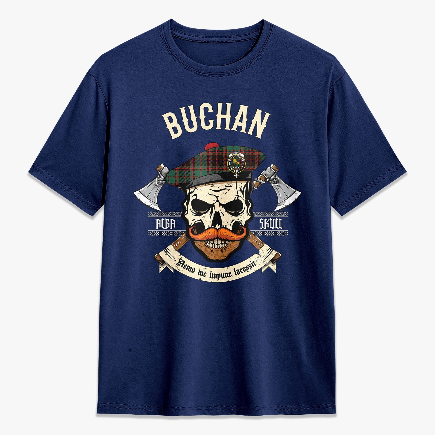 Buchan Ancient Tartan Crest 2D T-shirt - Alba Skull Style