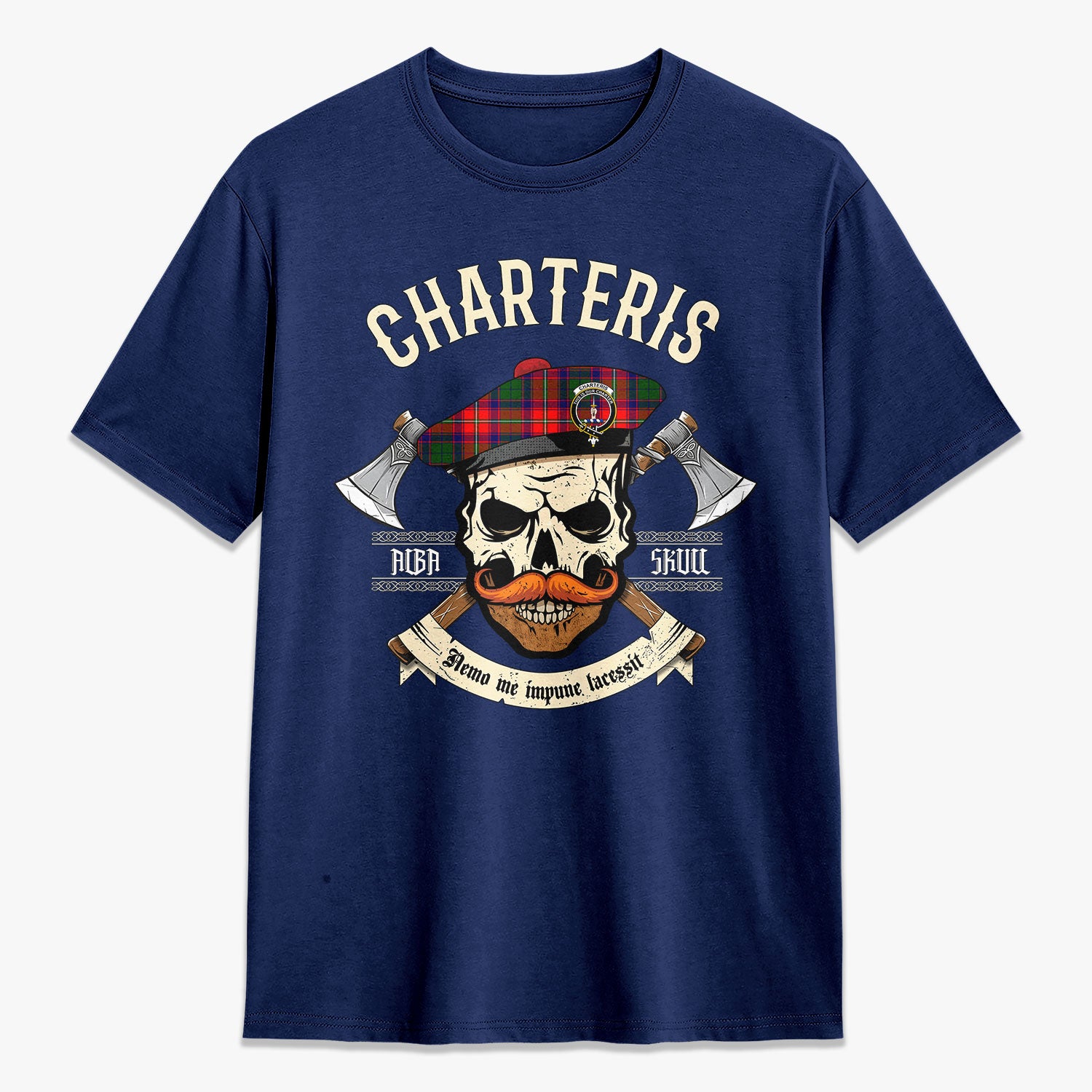 Charteris (Earl of Wemyss) Tartan Crest 2D T-shirt - Alba Skull Style