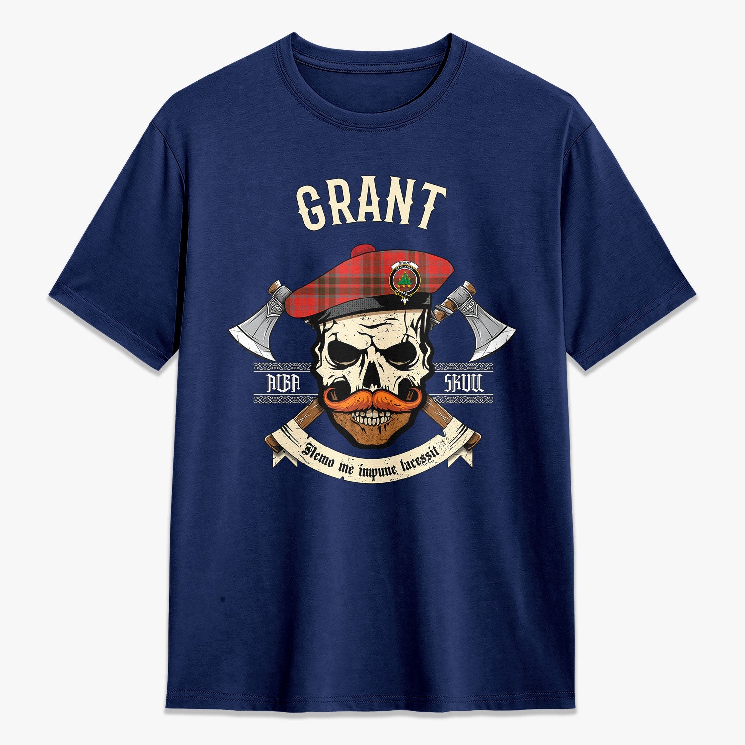 Grant Weathered  Tartan Crest 2D T-shirt - Alba Skull Style