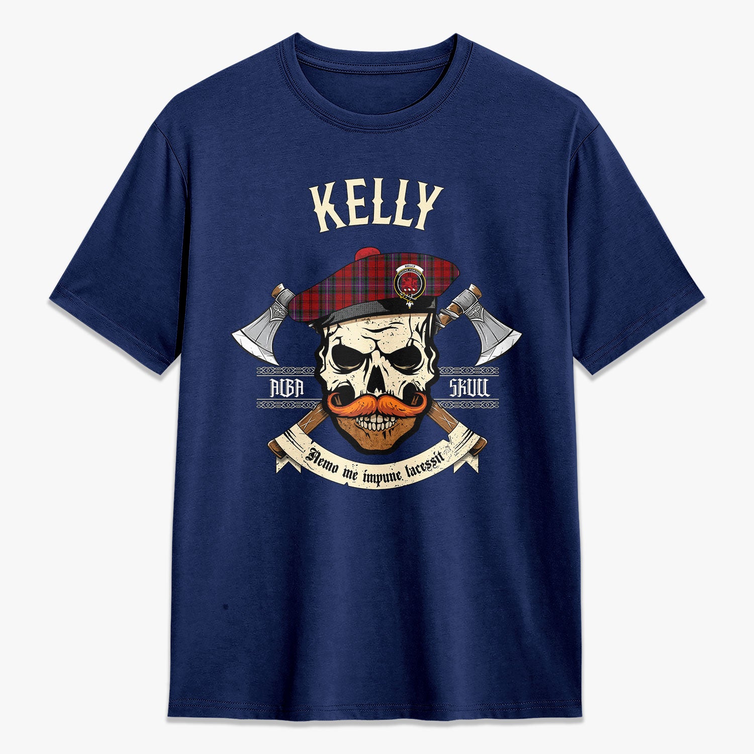 Kelly of Sleat Red Tartan Crest 2D T-shirt - Alba Skull Style