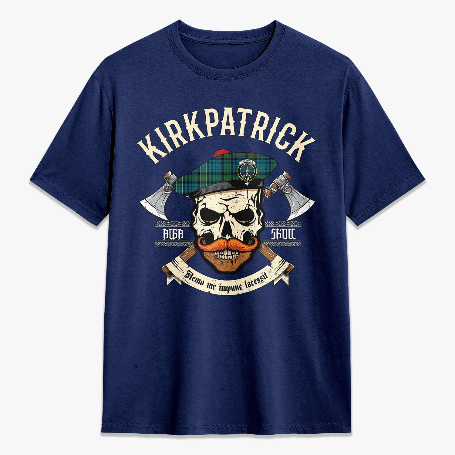 Kirkpatrick Ancient Tartan Crest 2D T-shirt - Alba Skull Style