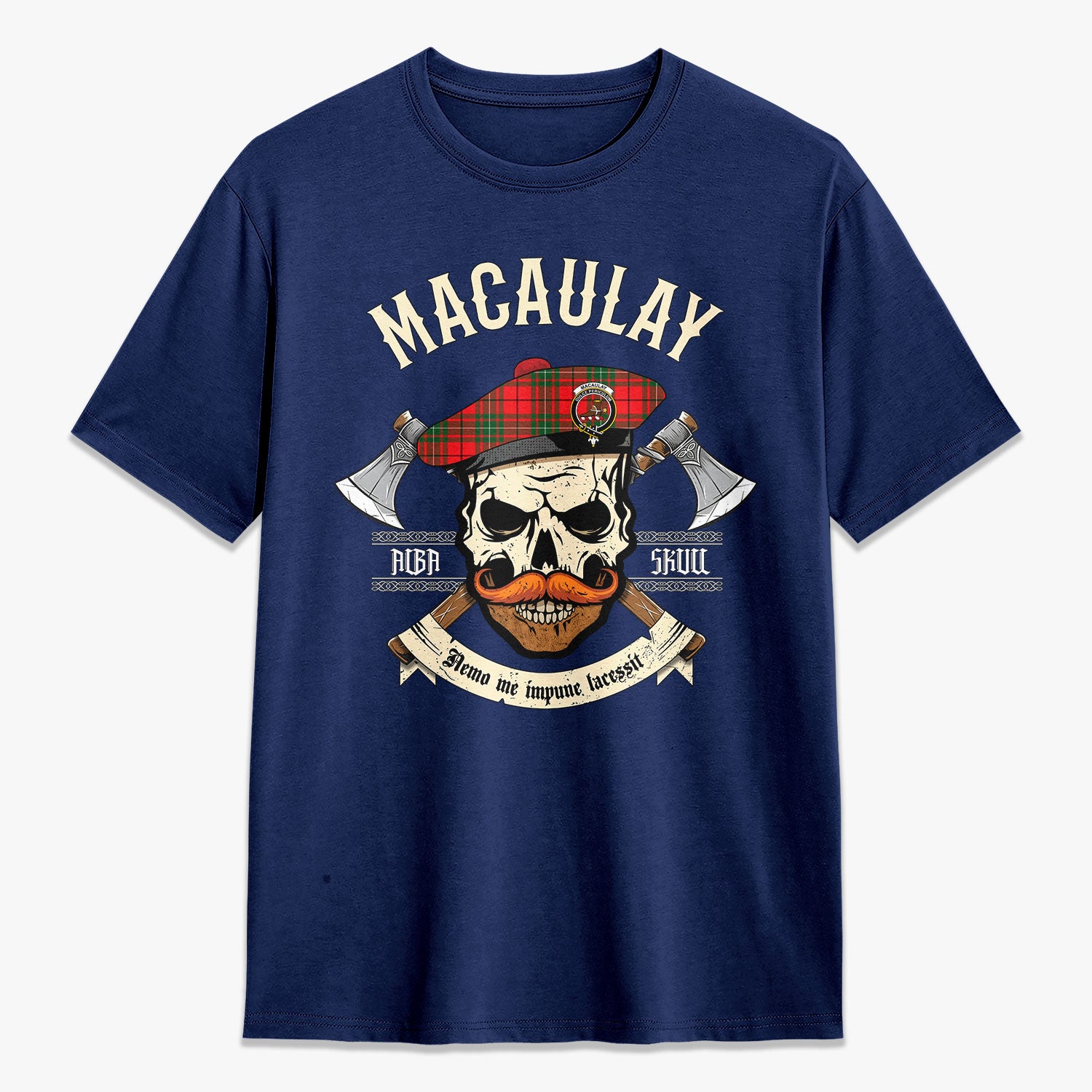 MacAulay Modern Tartan Crest 2D T-shirt - Alba Skull Style