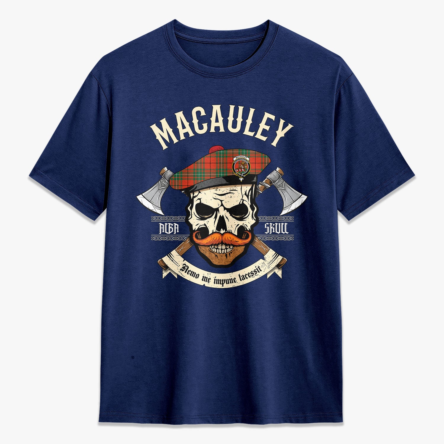 MacAuley Ancient Tartan Crest 2D T-shirt - Alba Skull Style