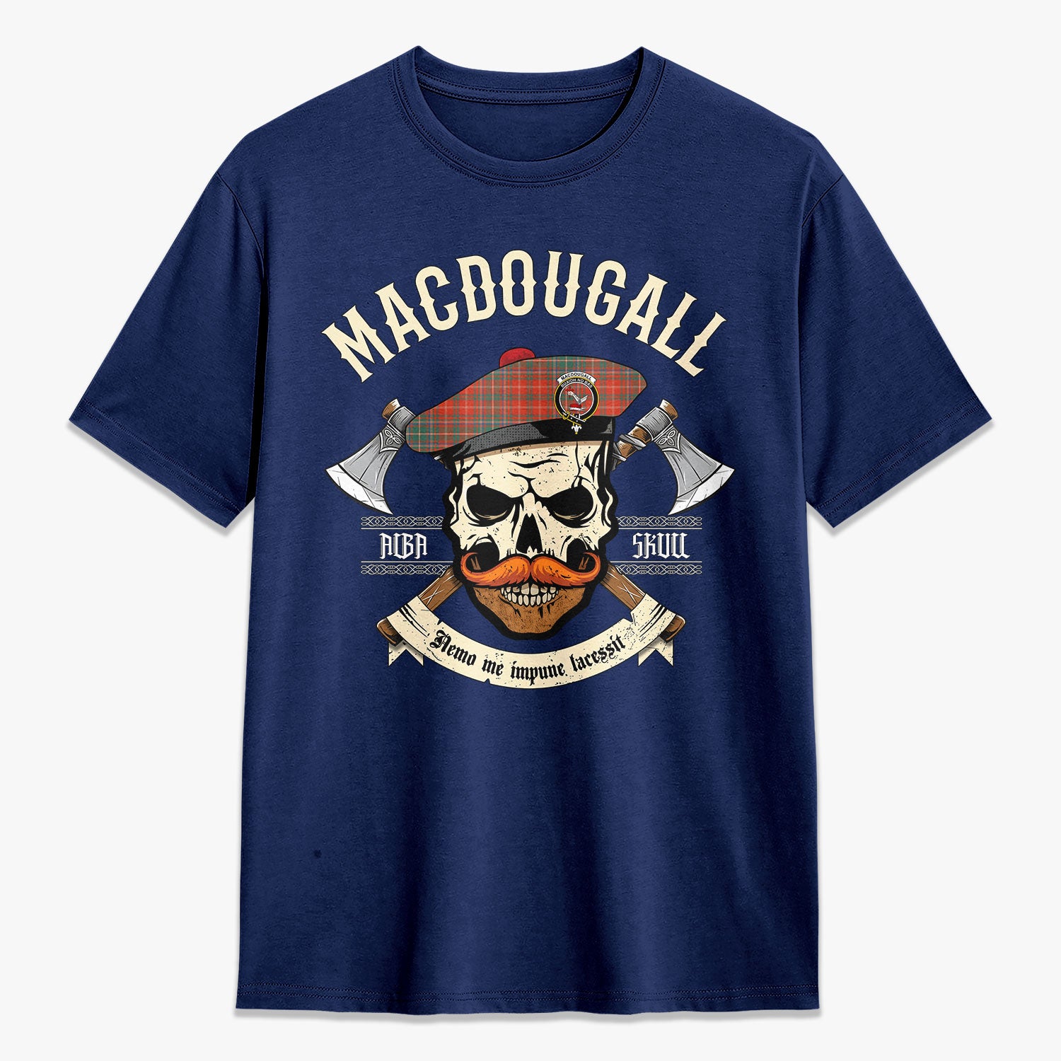 MacDougall Ancient Tartan Crest 2D T-shirt - Alba Skull Style