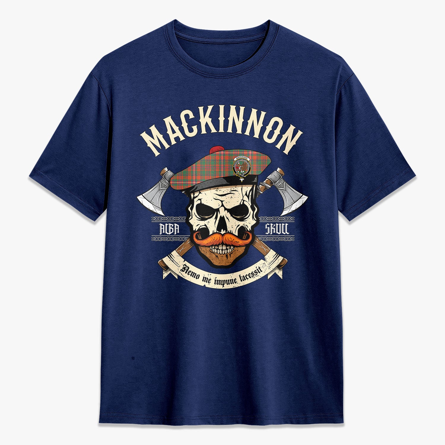 MacKinnon Ancient Tartan Crest 2D T-shirt - Alba Skull Style