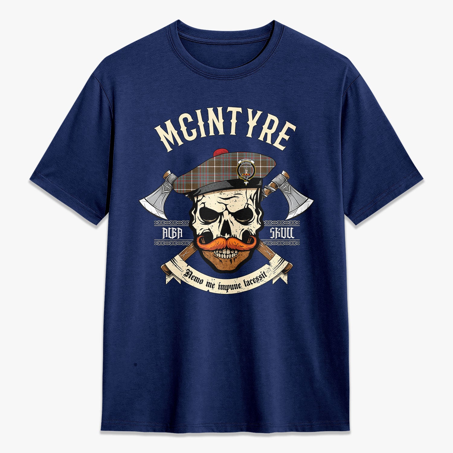 McIntyre Hunting Weathered Tartan Crest 2D T-shirt - Alba Skull Style