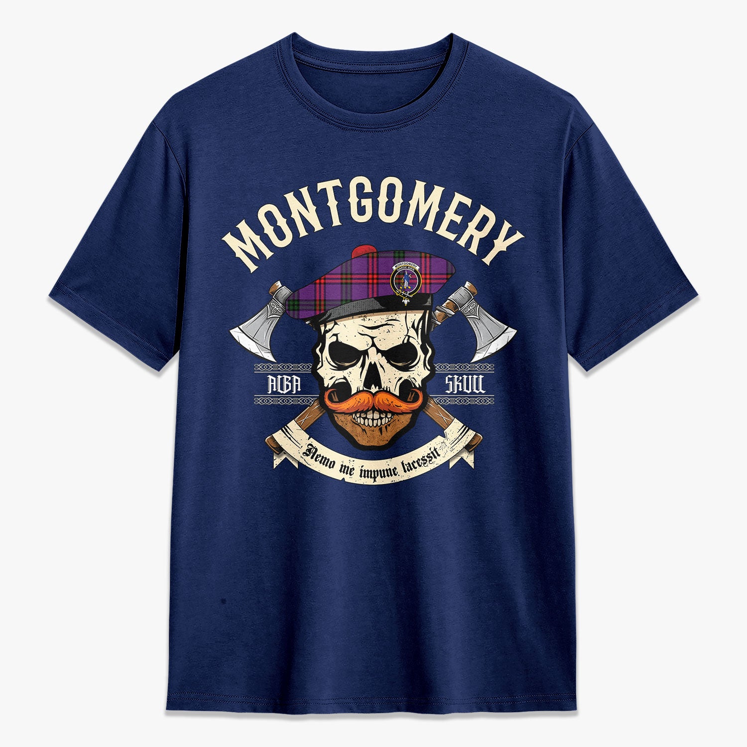 Montgomery Modern Tartan Crest 2D T-shirt - Alba Skull Style