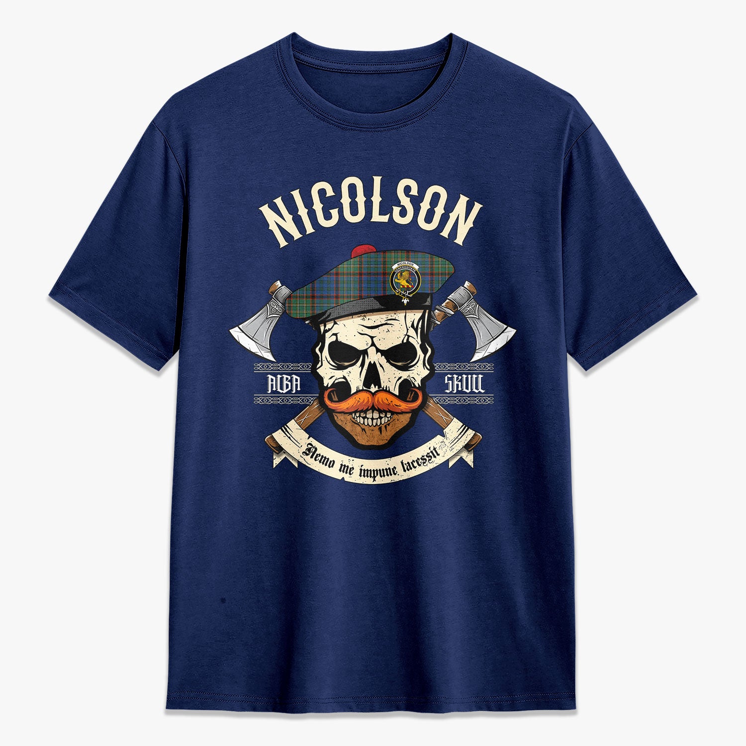 Nicolson Hunting Ancient Tartan Crest 2D T-shirt - Alba Skull Style