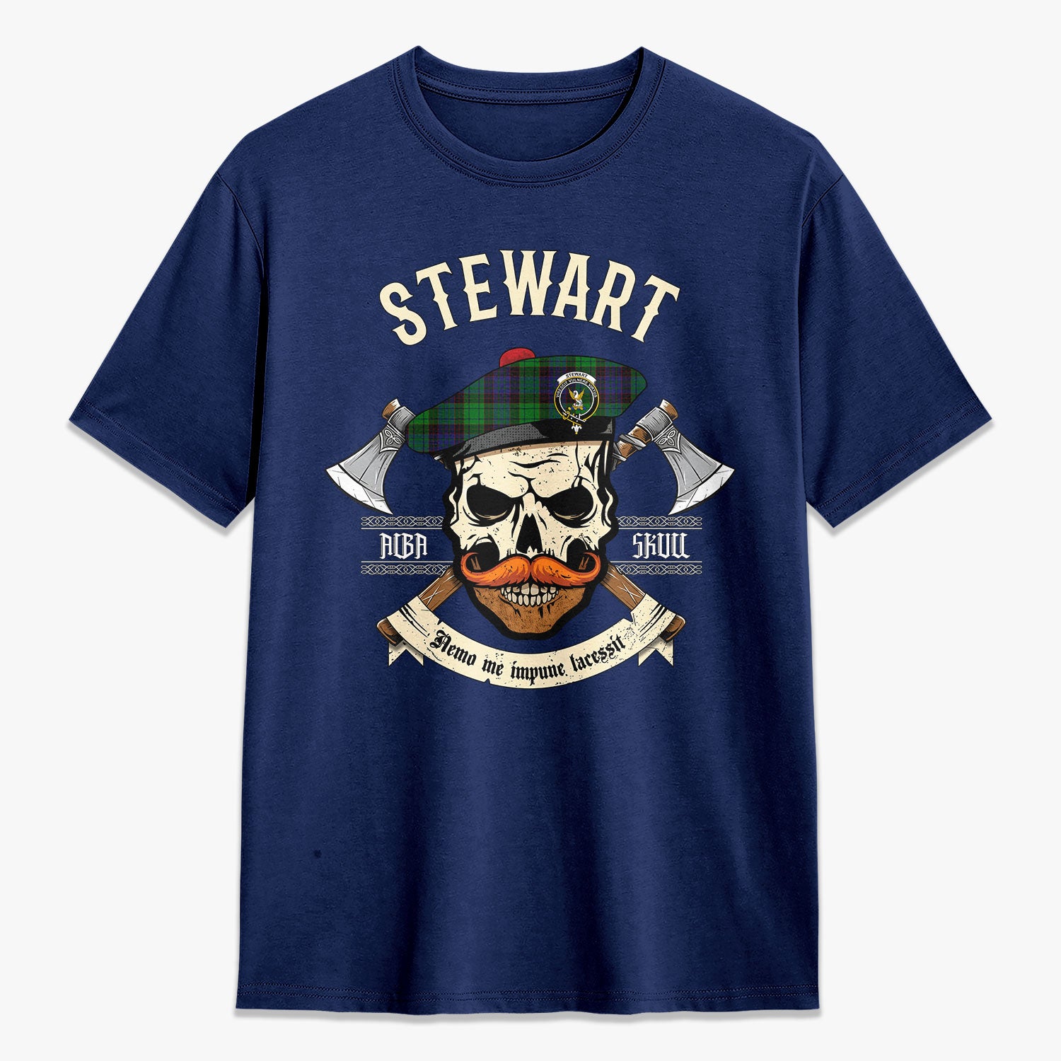 Stewart Old Modern Tartan Crest 2D T-shirt - Alba Skull Style