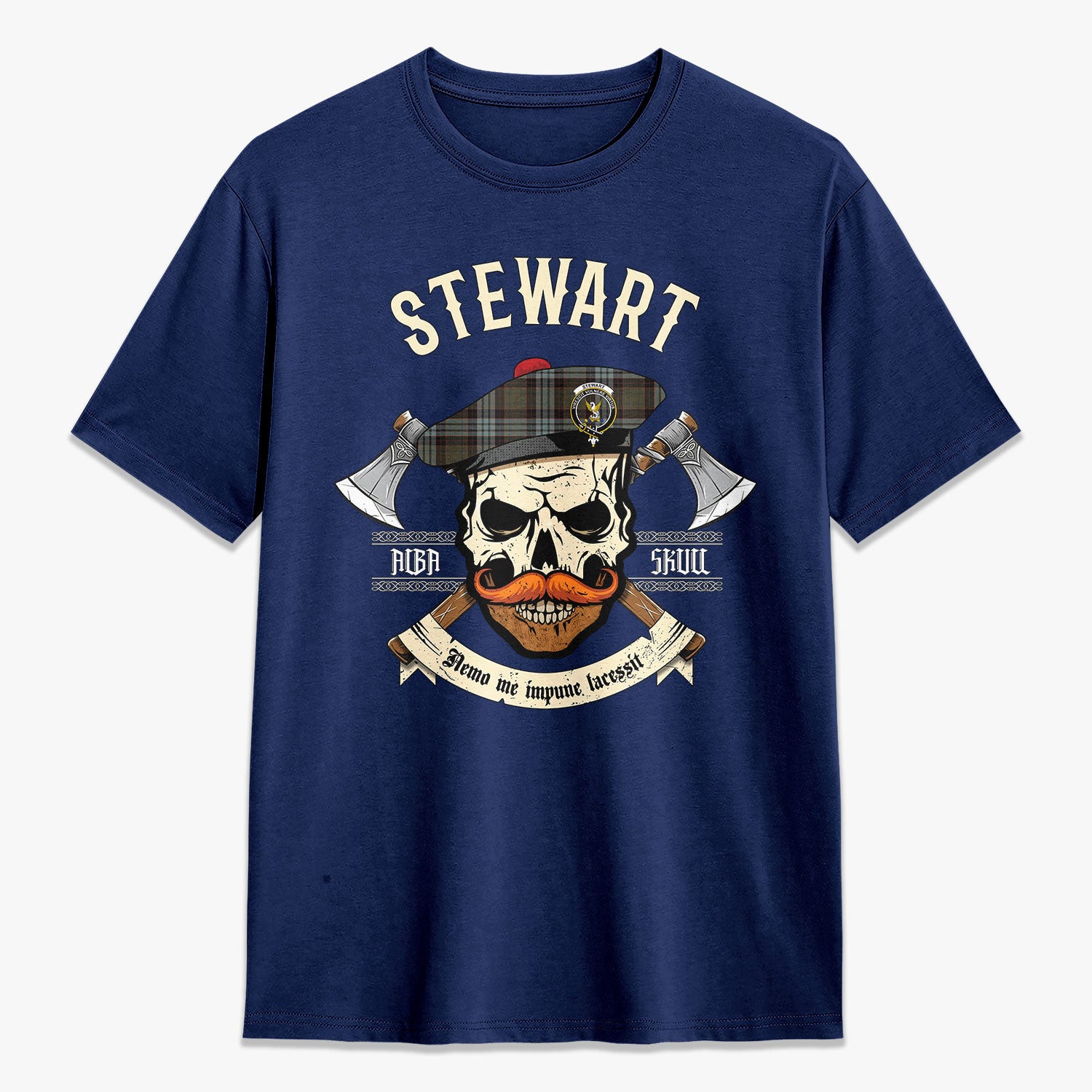 Stewart Old Weathered Tartan Crest 2D T-shirt - Alba Skull Style