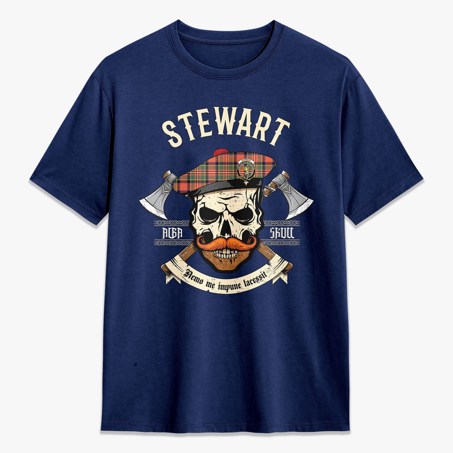 Stewart Royal Ancient Tartan Crest 2D T-shirt - Alba Skull Style