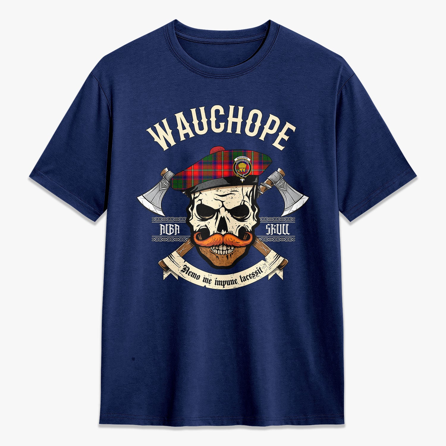 Wauchope (or Waugh) Tartan Crest 2D T-shirt - Alba Skull Style