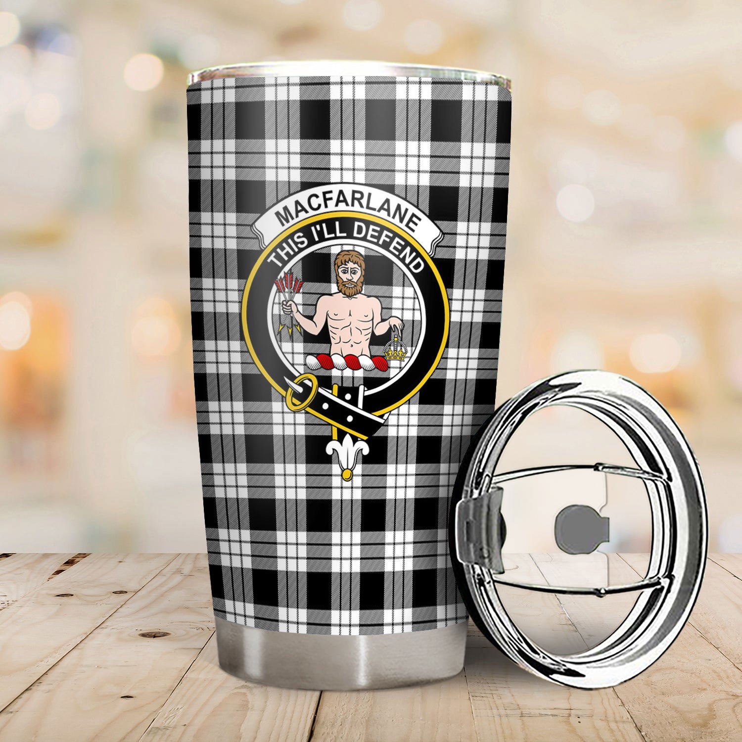 MacFarlane Black _ White Tartan Crest Tumbler