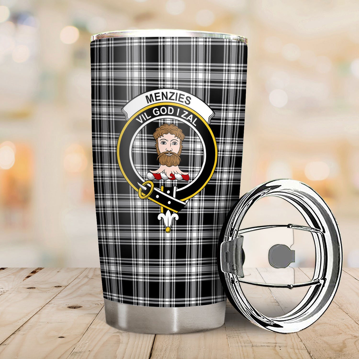 Menzies Black _ White Modern Tartan Crest Tumbler