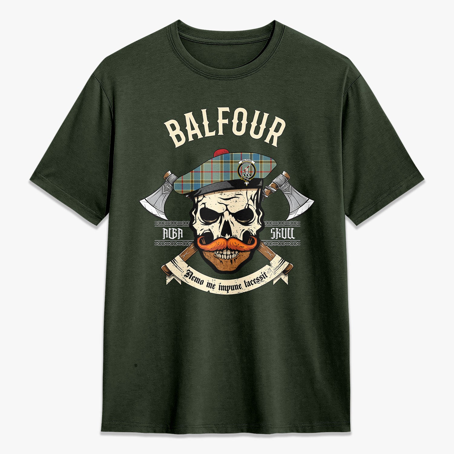 Balfour Blue Tartan Crest 2D T-shirt - Alba Skull Style