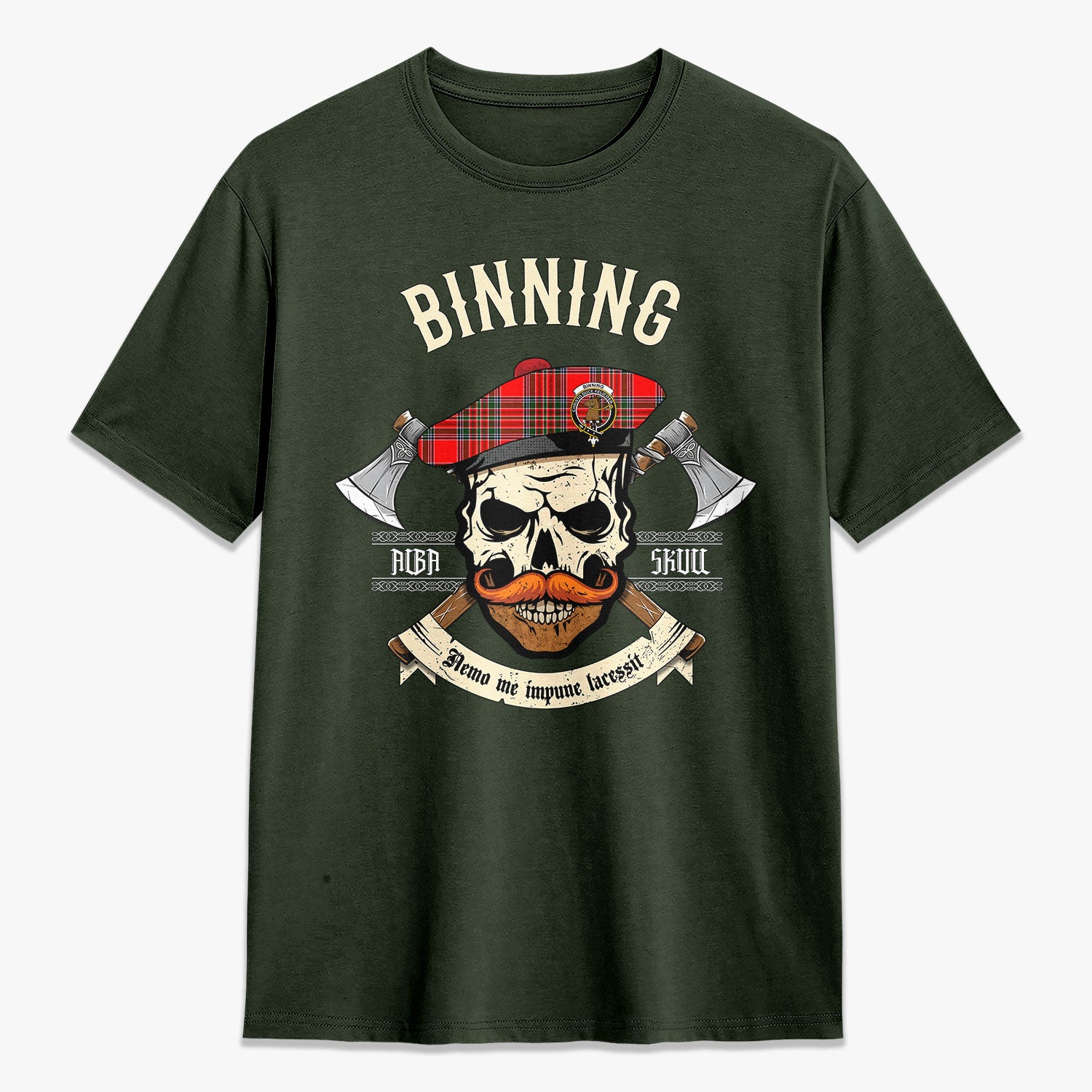 Binning (of Wallifoord) Tartan Crest 2D T-shirt - Alba Skull Style