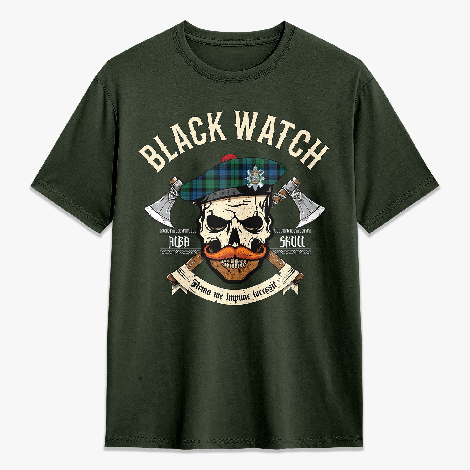 Black Watch Ancient Tartan Crest 2D T-shirt - Alba Skull Style