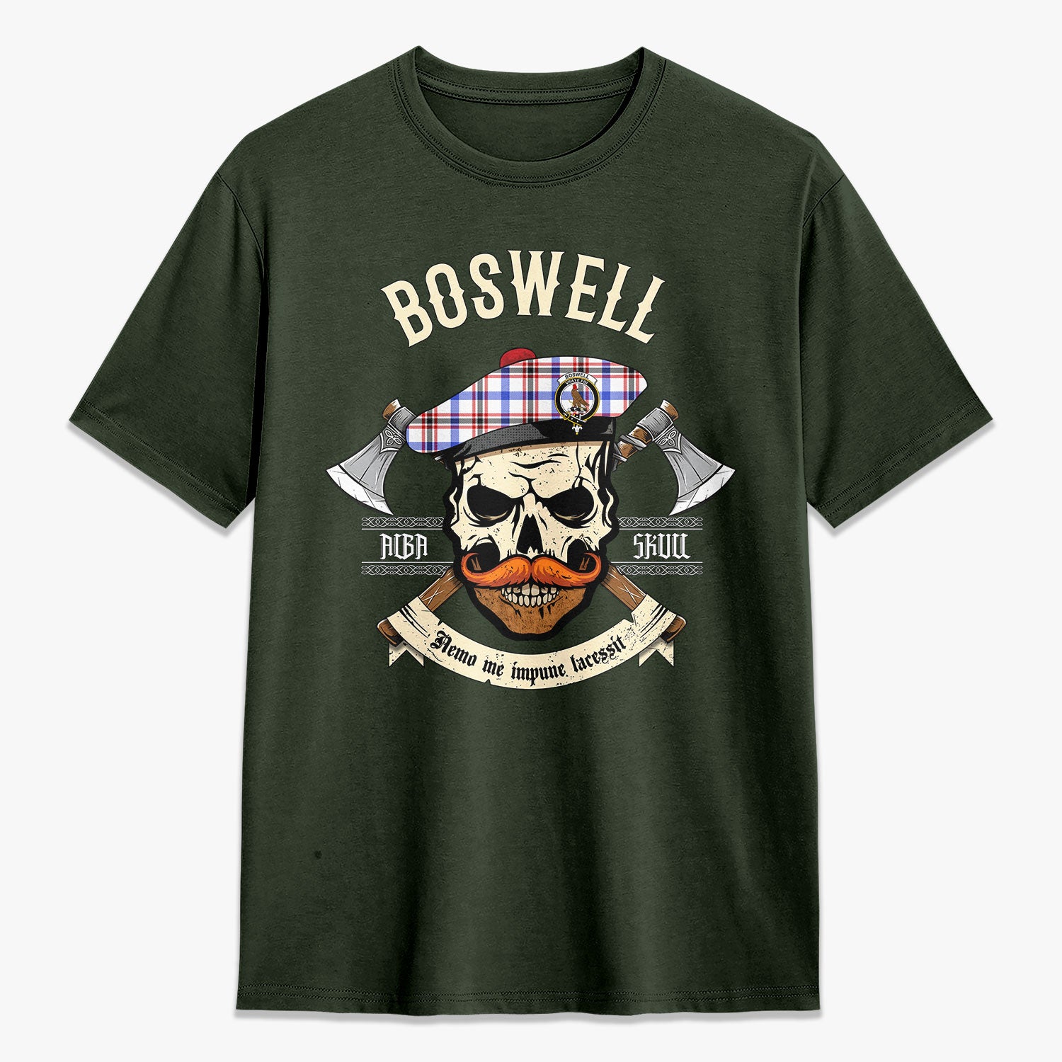 Boswell Modern Tartan Crest 2D T-shirt - Alba Skull Style