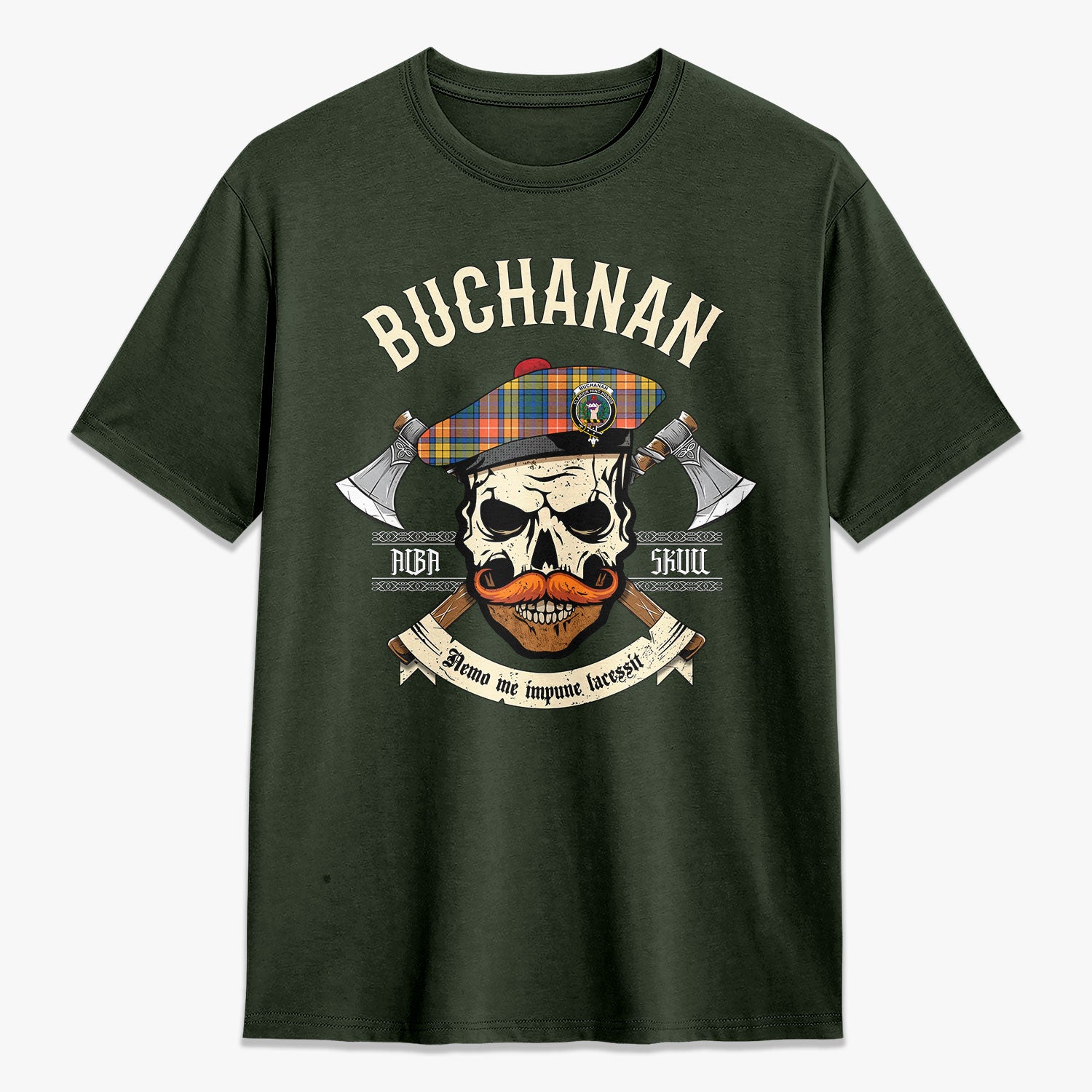 Buchanan Ancient Tartan Crest 2D T-shirt - Alba Skull Style