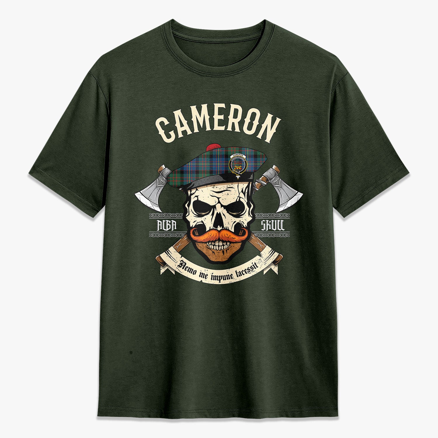 Cameron of Erracht Ancient Tartan Crest 2D T-shirt - Alba Skull Style