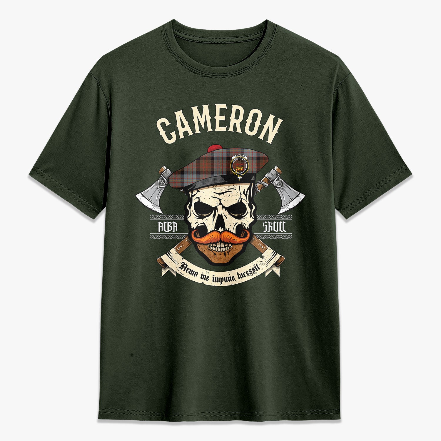 Cameron of Erracht Weathered Tartan Crest 2D T-shirt - Alba Skull Style