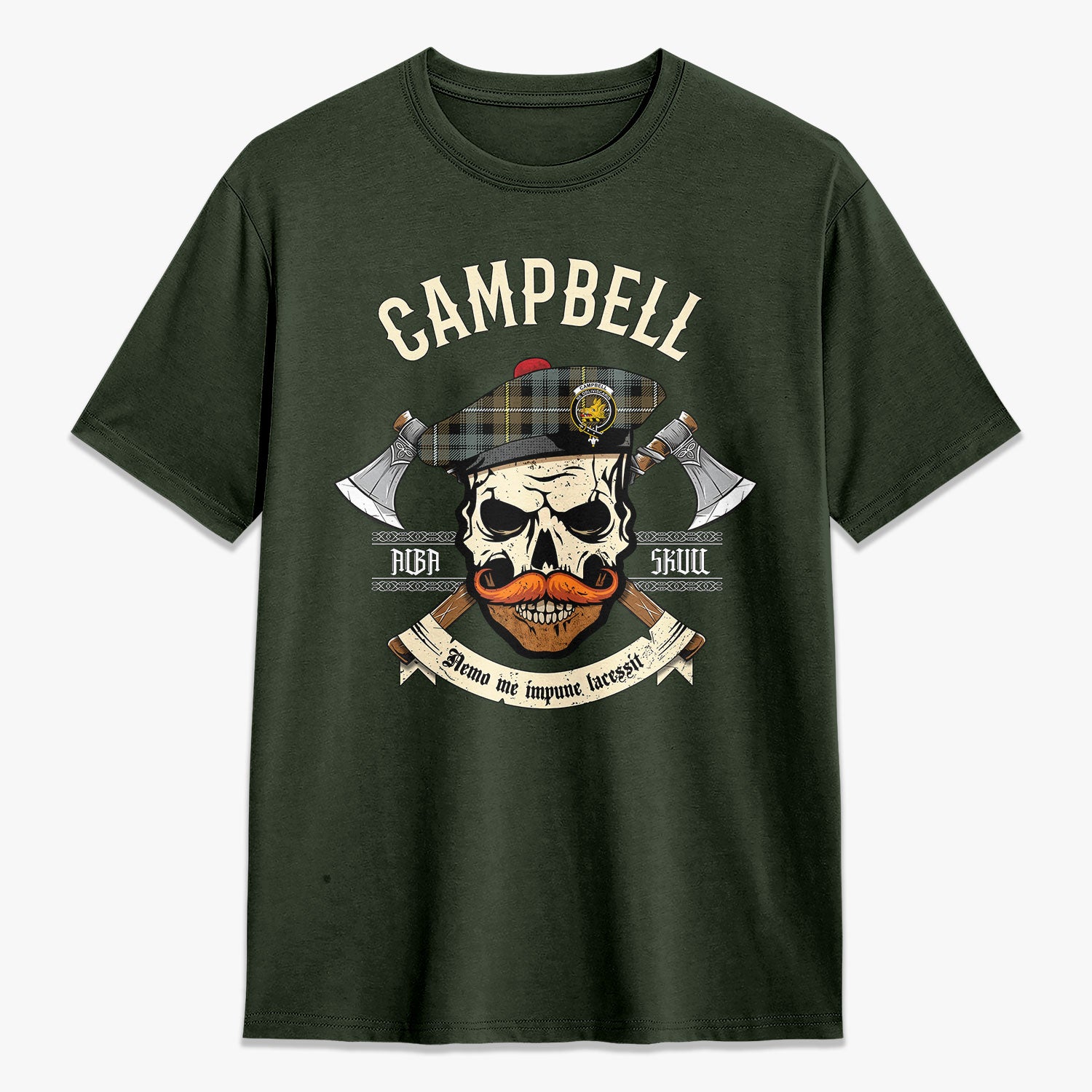 Campbell Argyll Weathered Tartan Crest 2D T-shirt - Alba Skull Style