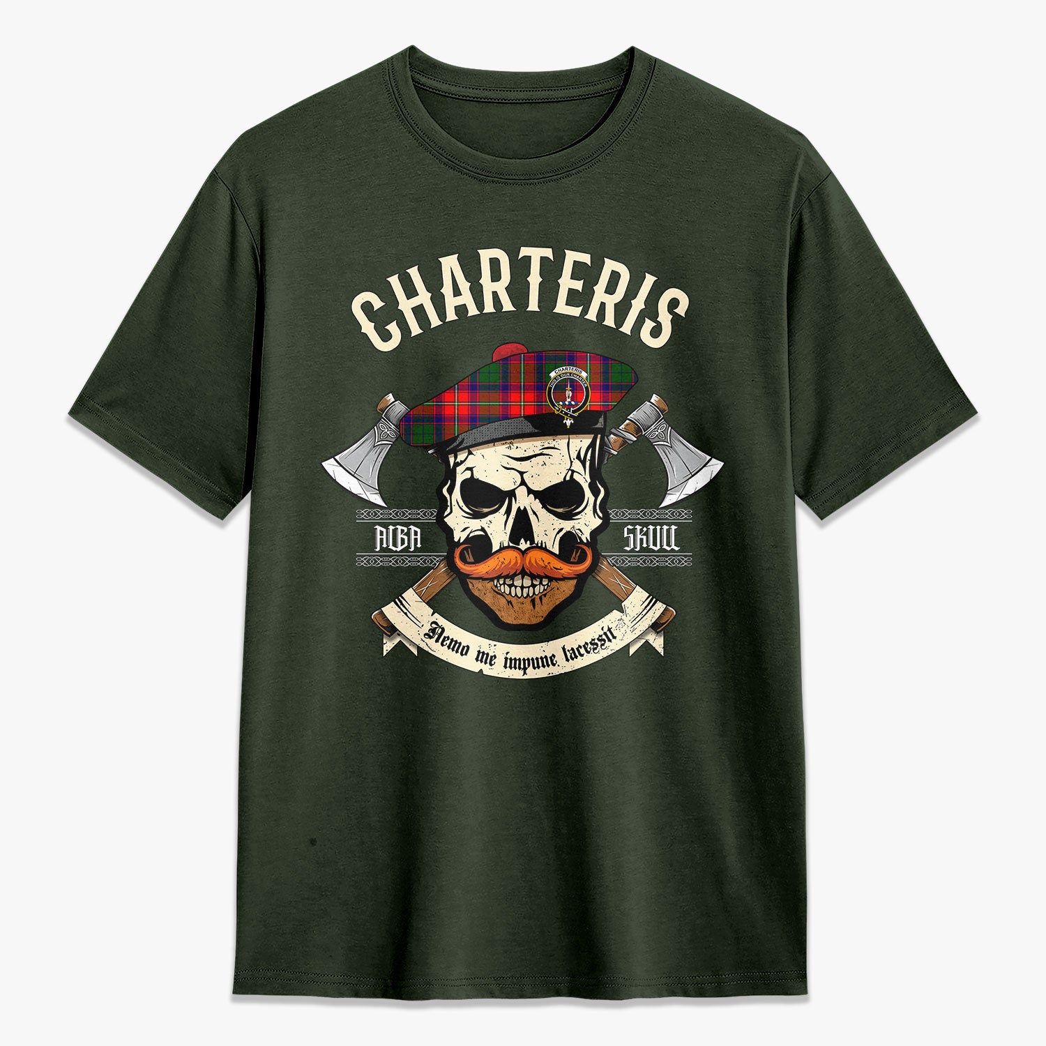 Charteris (Earl of Wemyss) Tartan Crest 2D T-shirt - Alba Skull Style