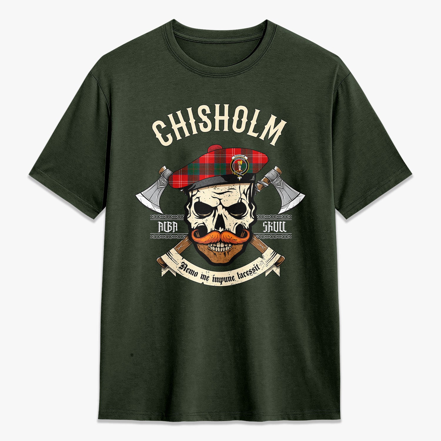 Chisholm Modern Tartan Crest 2D T-shirt - Alba Skull Style