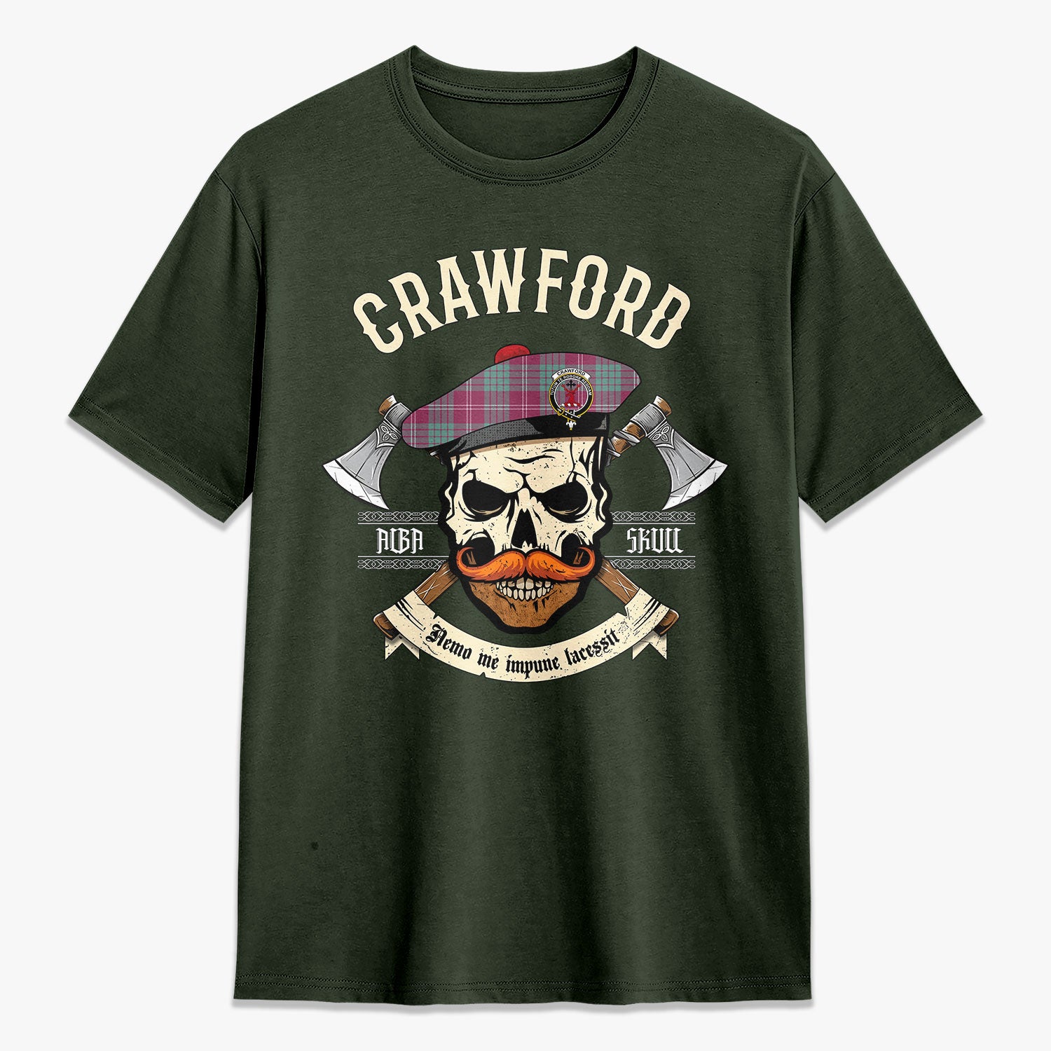 Crawford Ancient Tartan Crest 2D T-shirt - Alba Skull Style