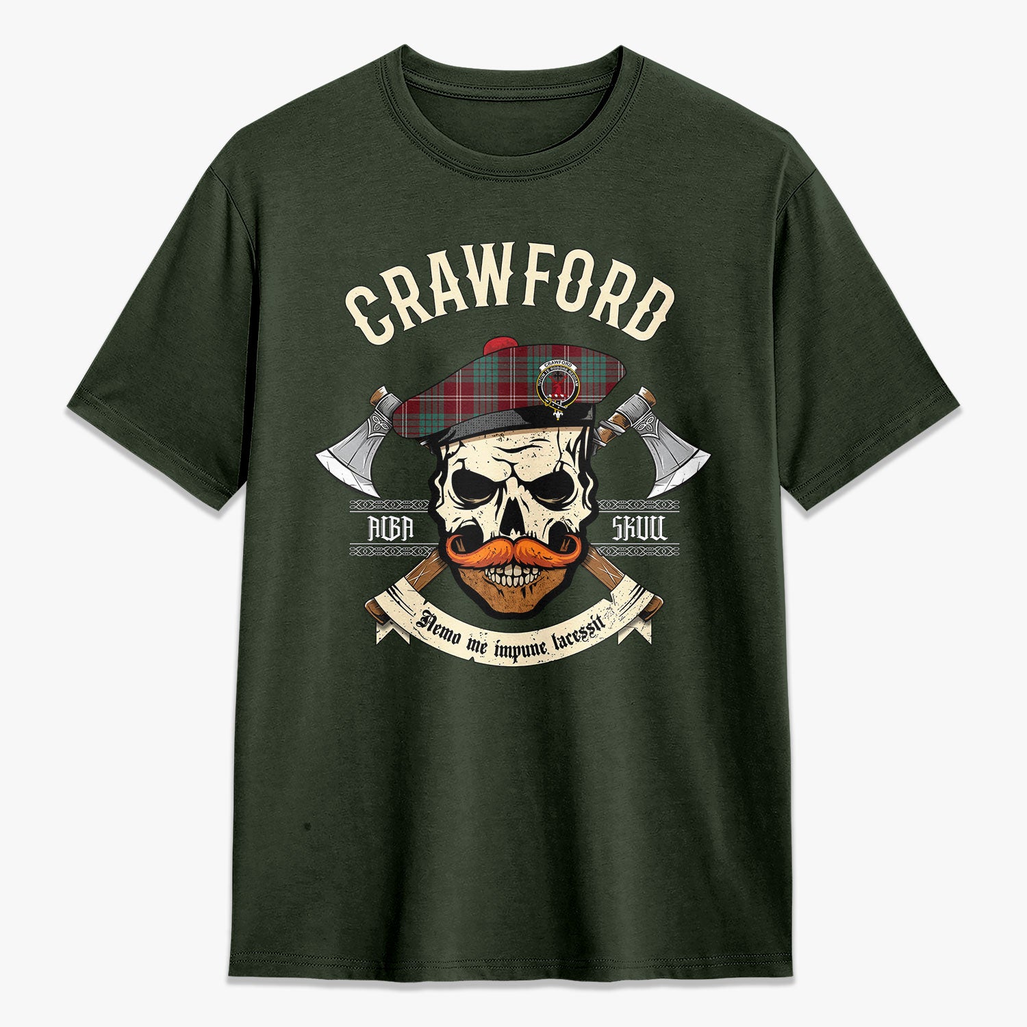 Crawford Modern Tartan Crest 2D T-shirt - Alba Skull Style