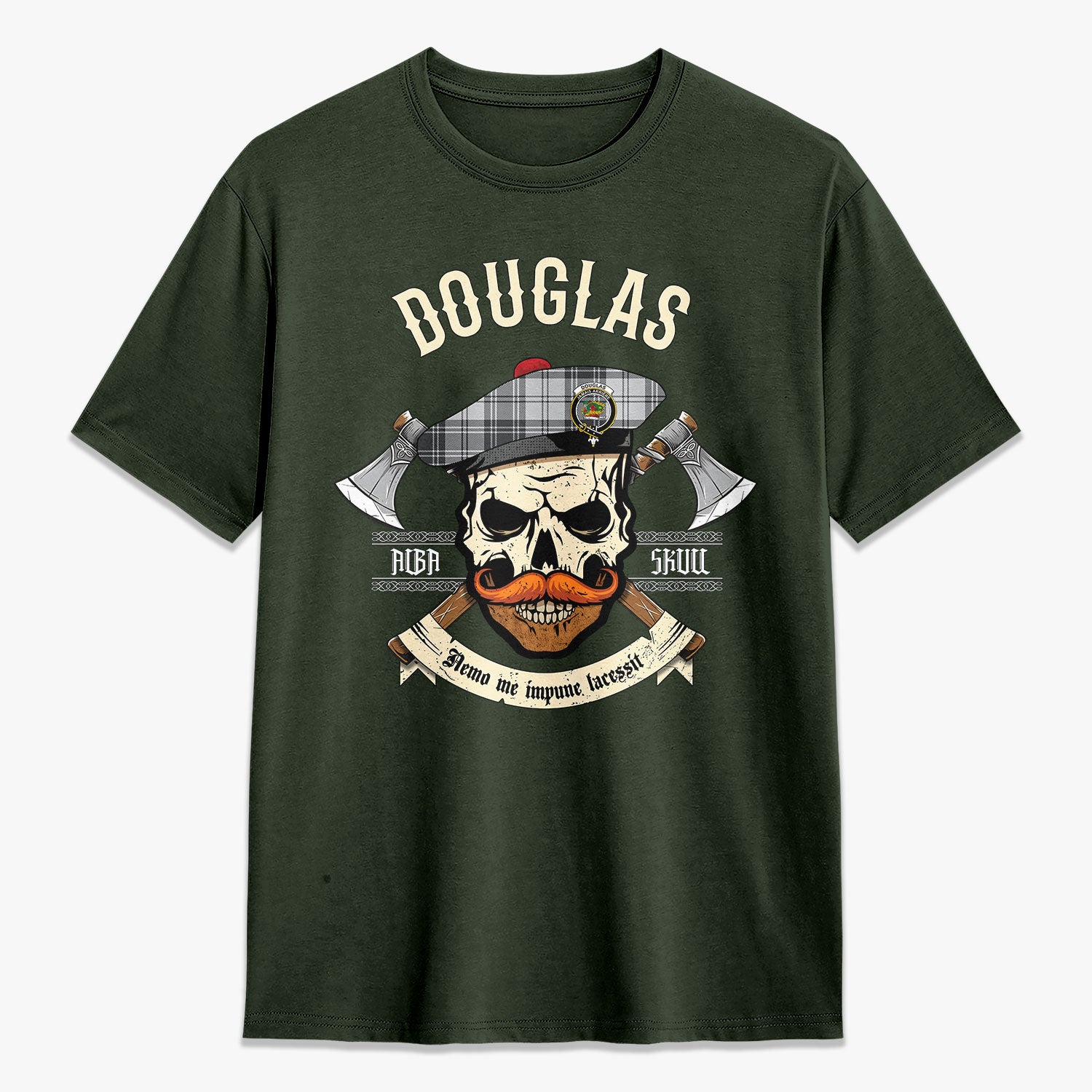 Douglas Grey Modern Tartan Crest 2D T-shirt - Alba Skull Style