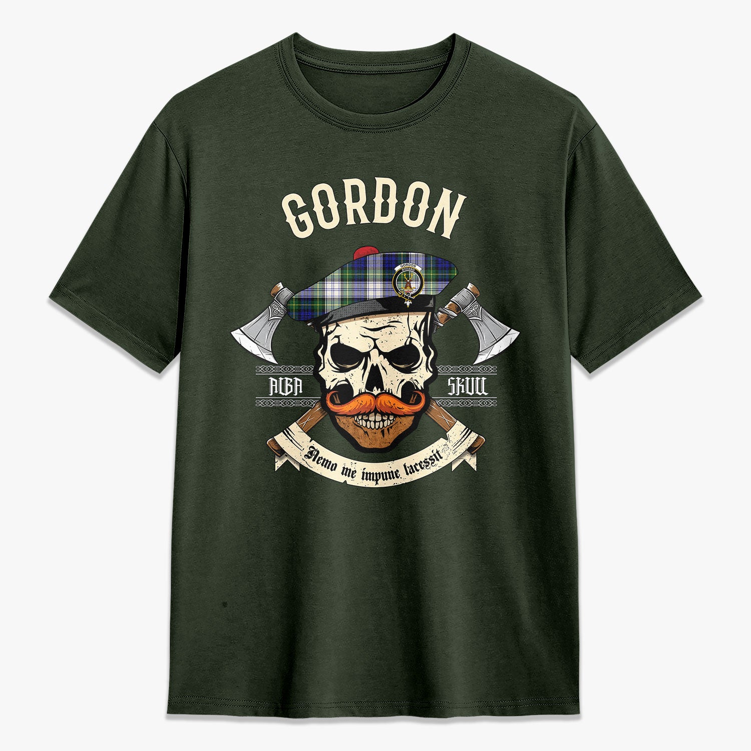 Gordon Dress Modern Tartan Crest 2D T-shirt - Alba Skull Style