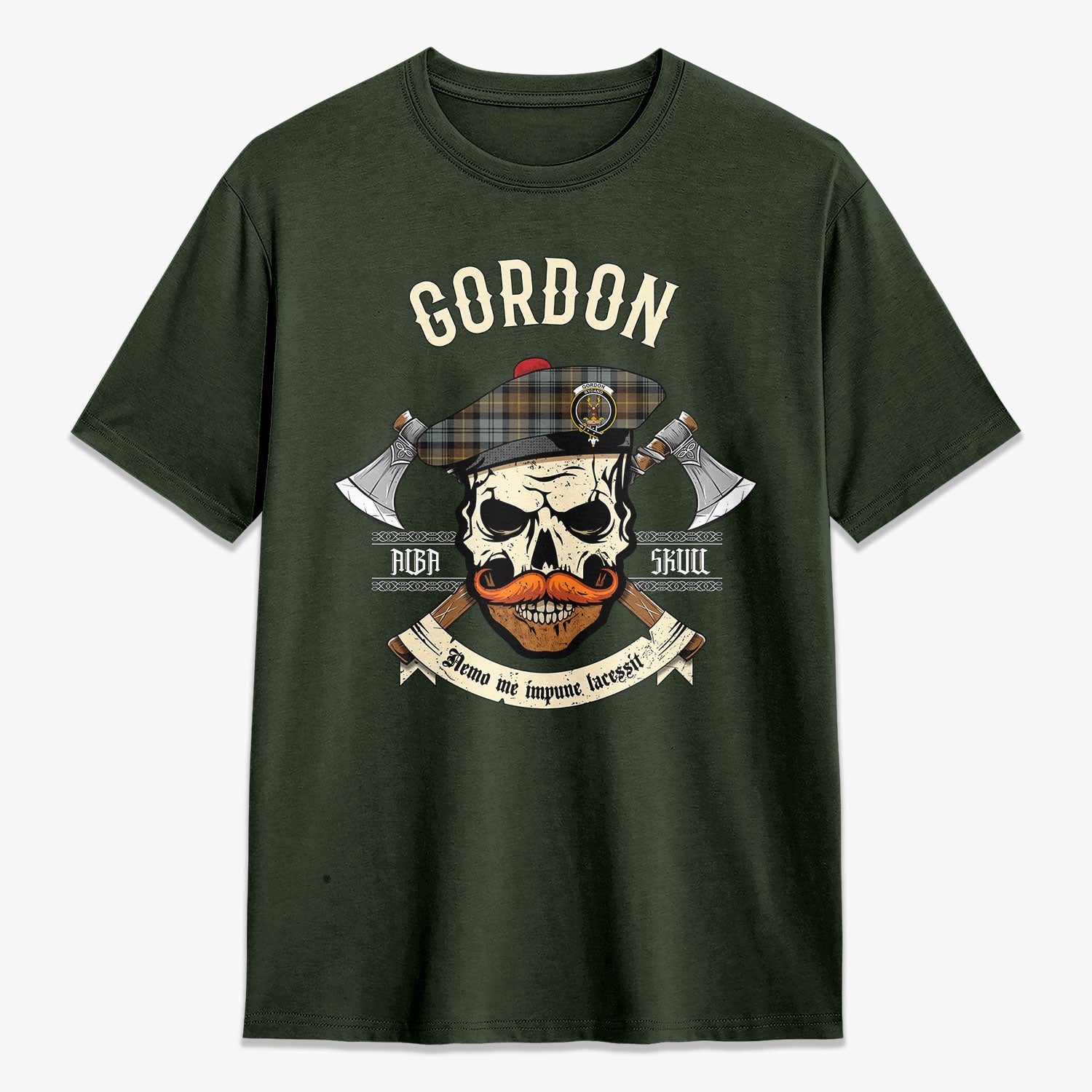 Gordon Weathered Tartan Crest 2D T-shirt - Alba Skull Style