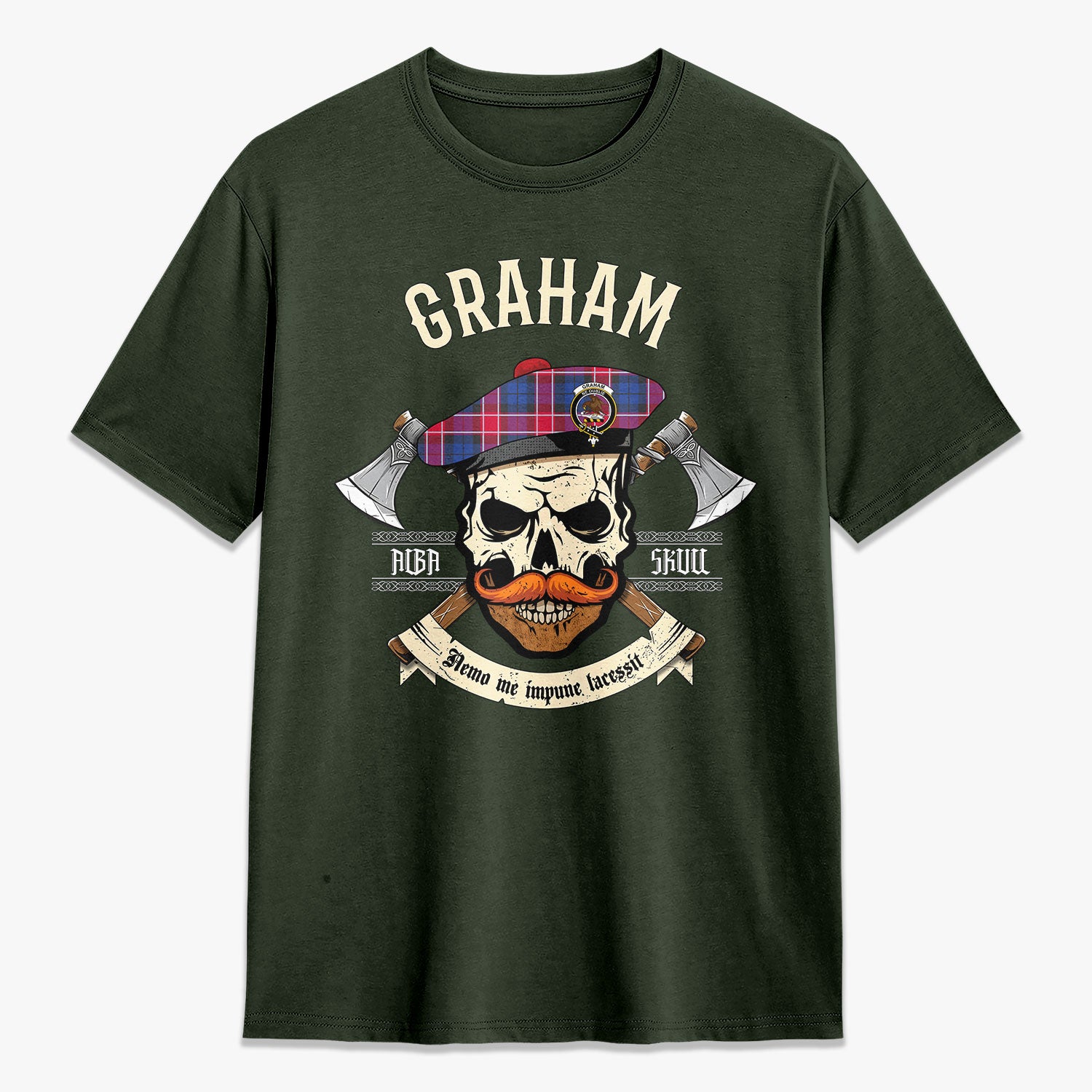 Graham of Menteith Red Tartan Crest 2D T-shirt - Alba Skull Style