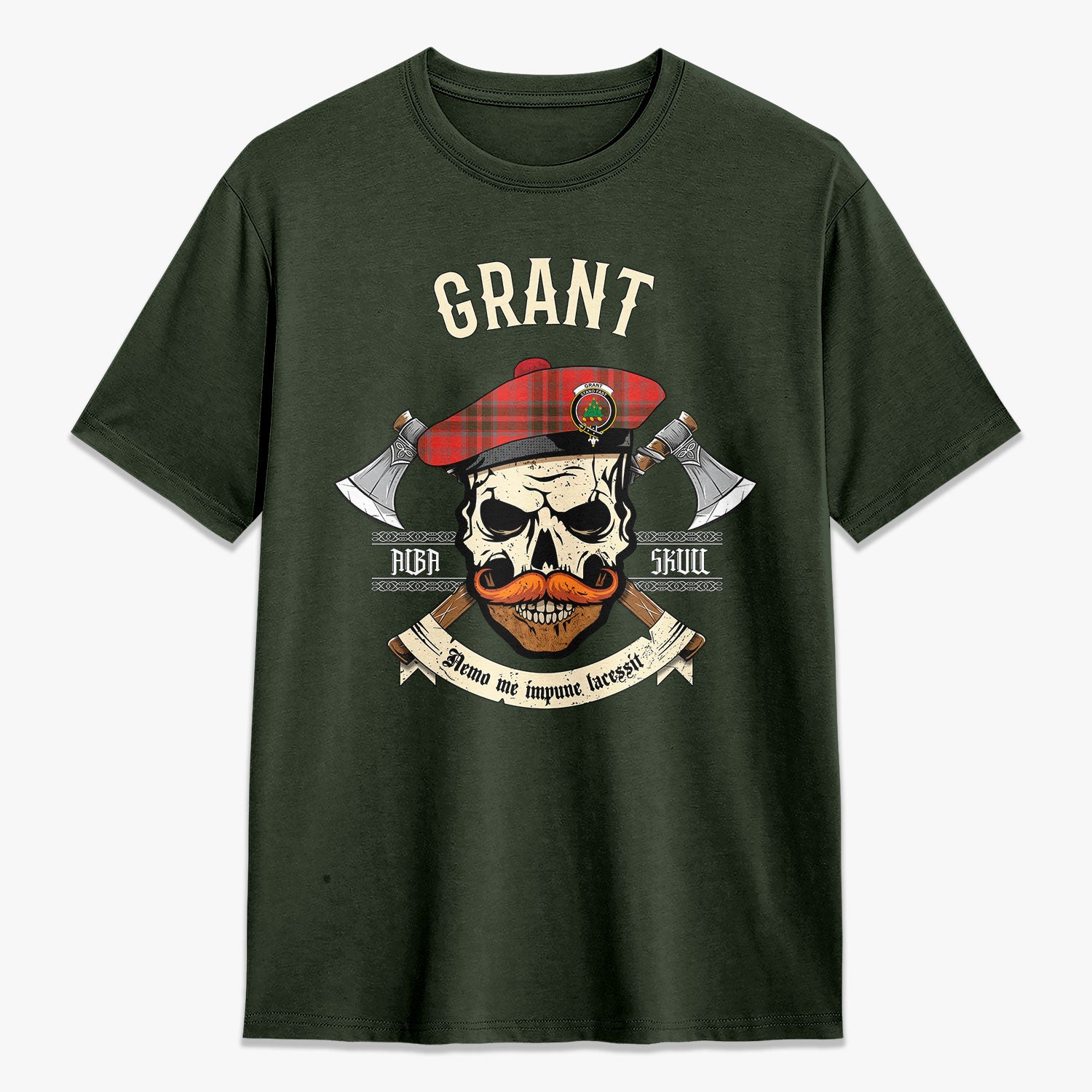 Grant Weathered  Tartan Crest 2D T-shirt - Alba Skull Style