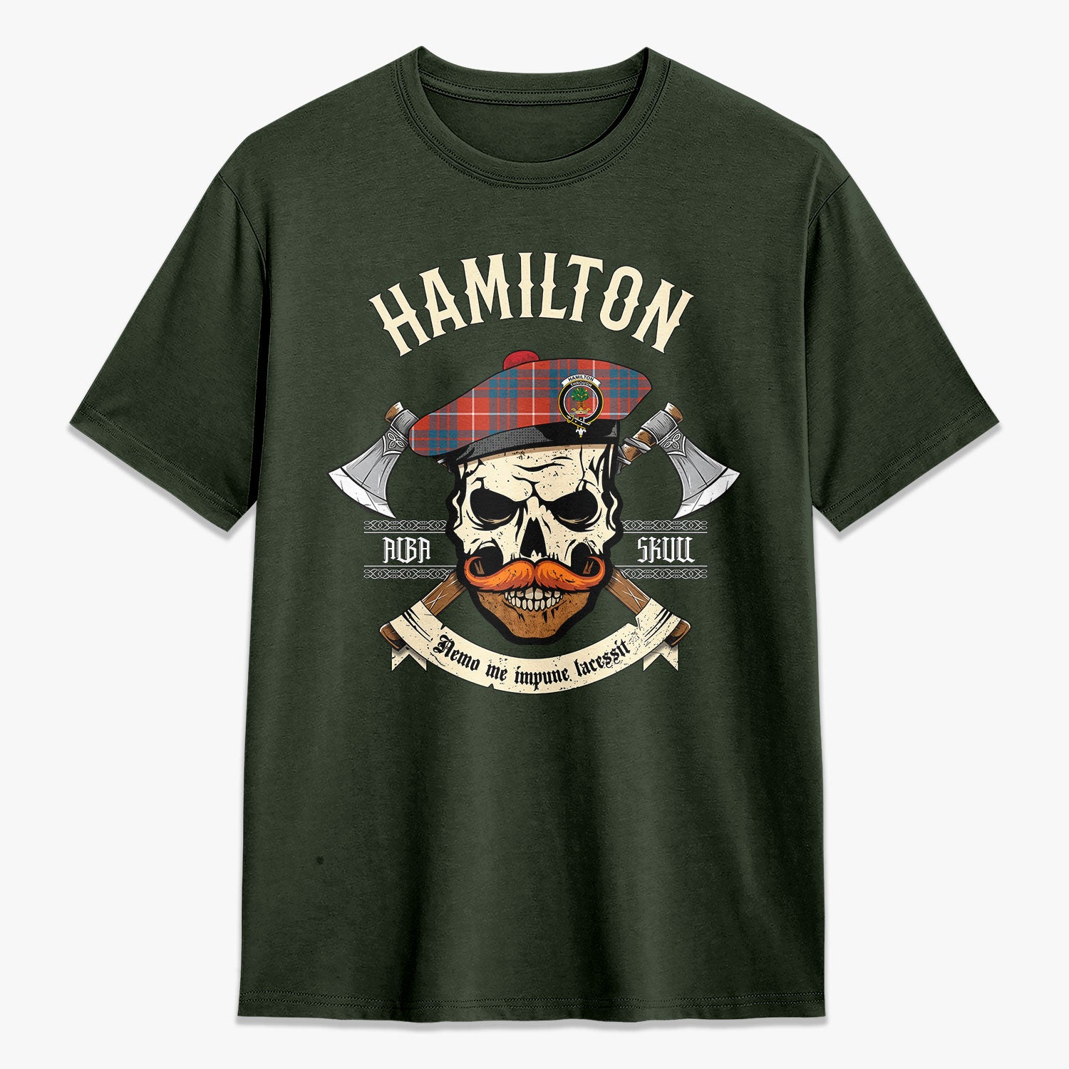 Hamilton Ancient Tartan Crest 2D T-shirt - Alba Skull Style