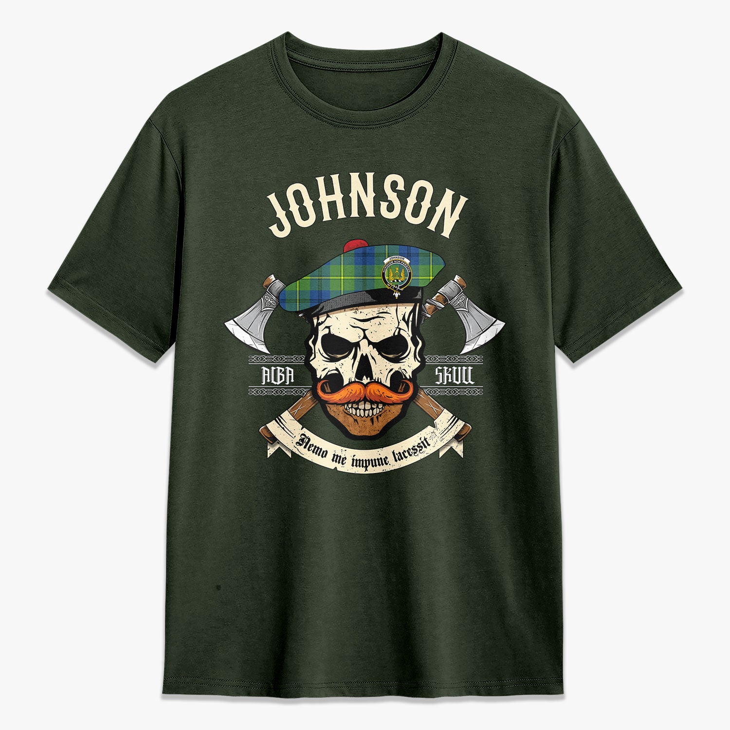 Johnson Ancient Tartan Crest 2D T-shirt - Alba Skull Style