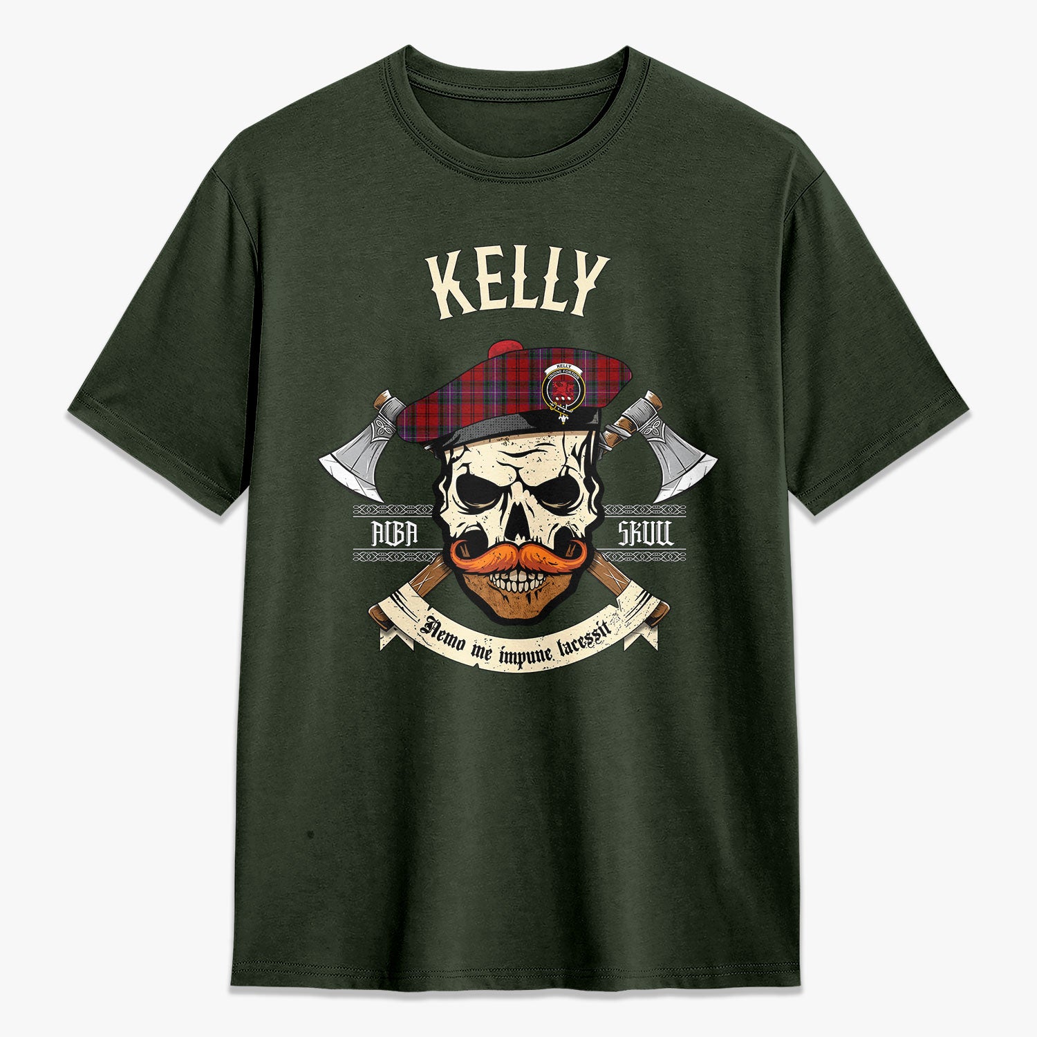 Kelly of Sleat Red Tartan Crest 2D T-shirt - Alba Skull Style