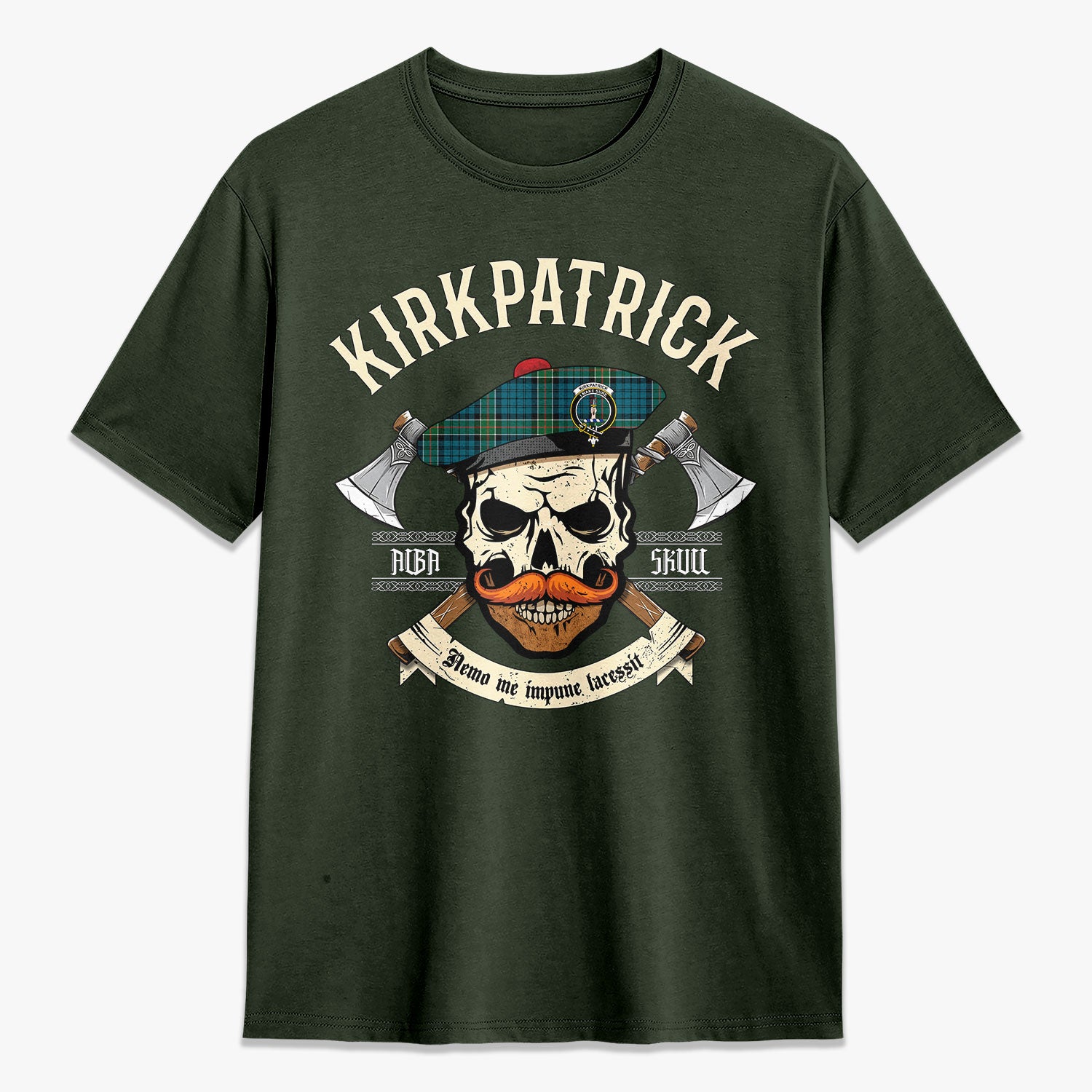 Kirkpatrick Ancient Tartan Crest 2D T-shirt - Alba Skull Style