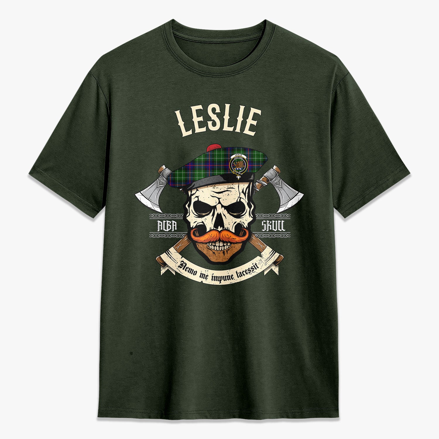 Leslie Hunting Tartan Crest 2D T-shirt - Alba Skull Style