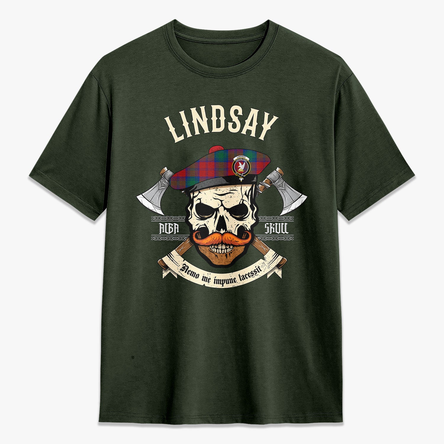 Lindsay Modern Tartan Crest 2D T-shirt - Alba Skull Style